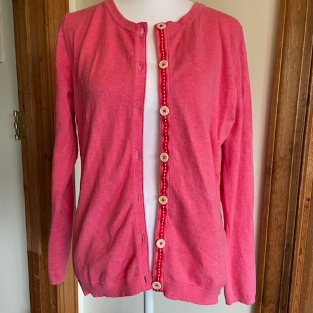 BODEN Pink Red Grosgrain Placket Button Cotton Long Sleeve Cardigan Swea…